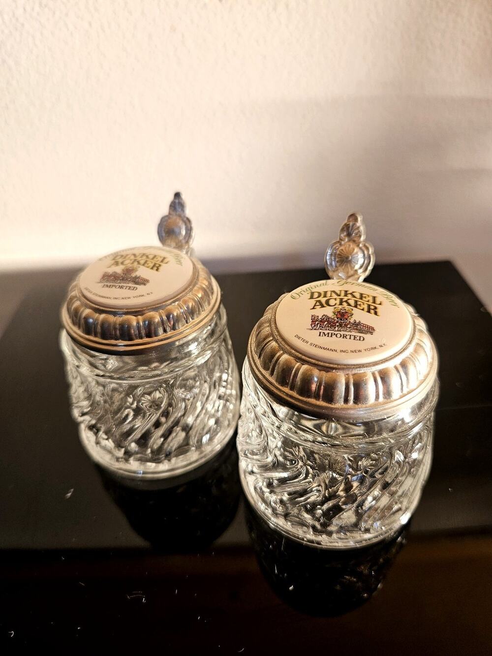 Vintage Dinkelacker Mini West Germany Beer Stein Shot Glasses Pewter Lid Pair